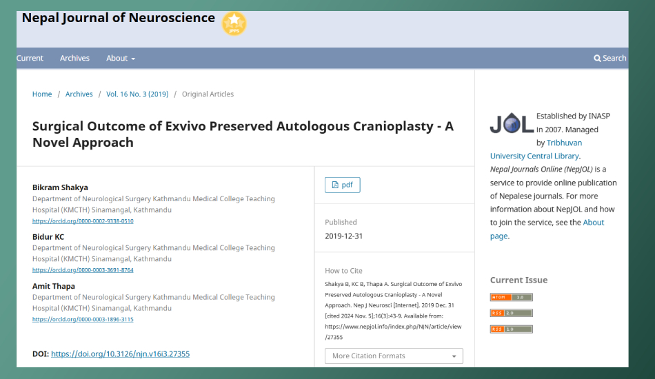 Surgical Outcome of Ex-vivo Preserved Autologous Cranioplasty - A Novel Approach